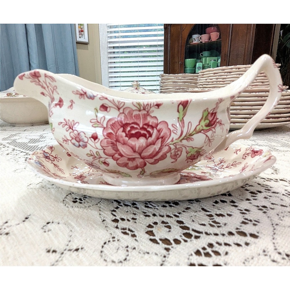 Vintage Gravy Boat and Under Plate Pink Rose Chintz Johnson Bros England